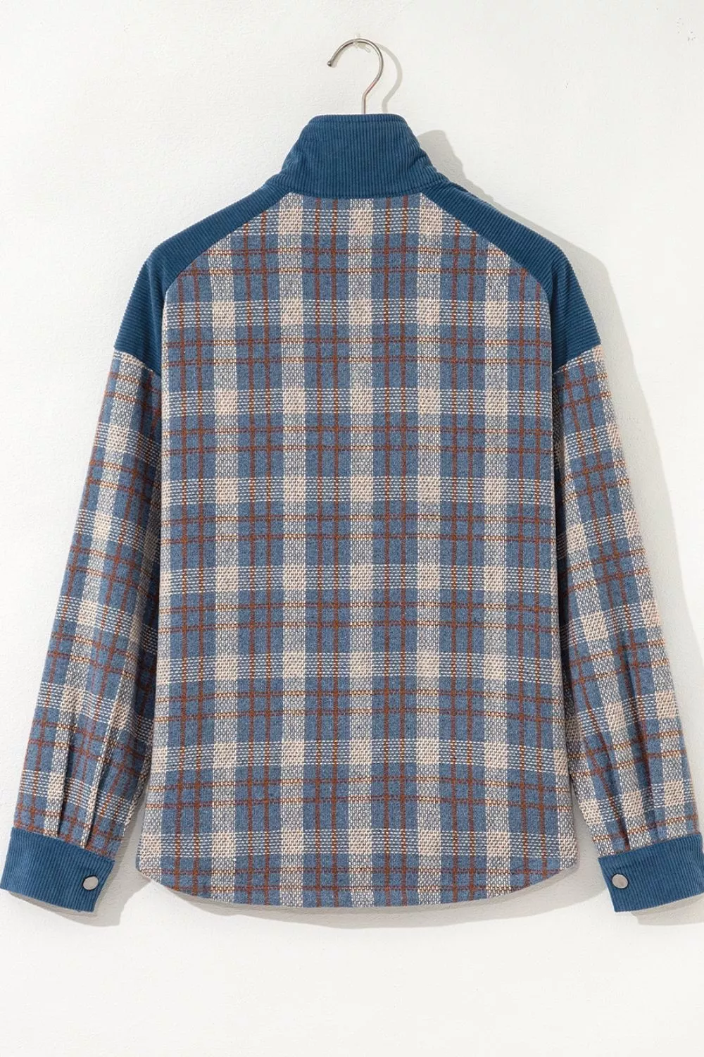 Plaid Corduroy Patchwork Collared Zip Up Snap Button Jacket, image 10