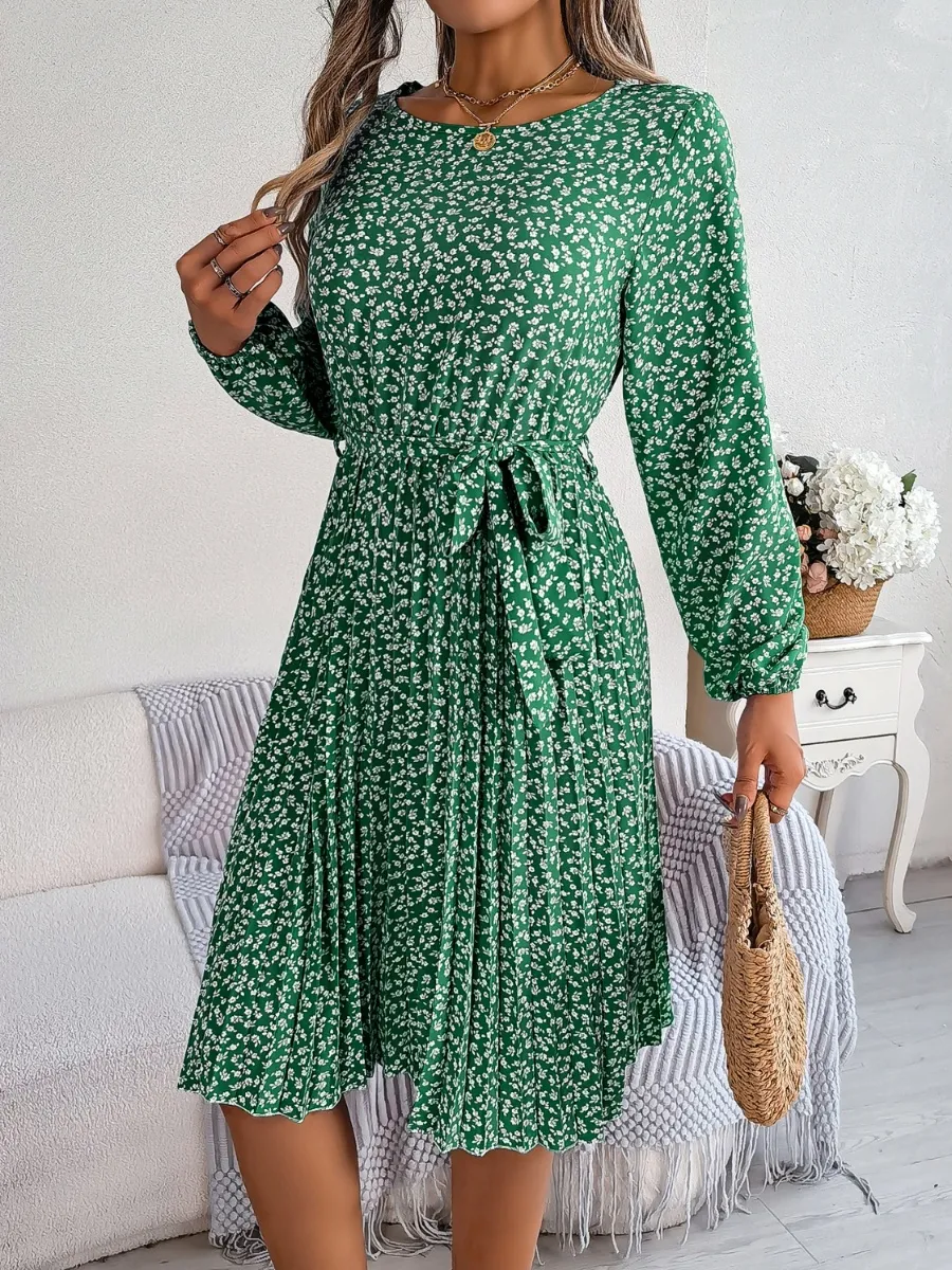 Ditsy Floral Tie Waist Pleated Dress, image 25