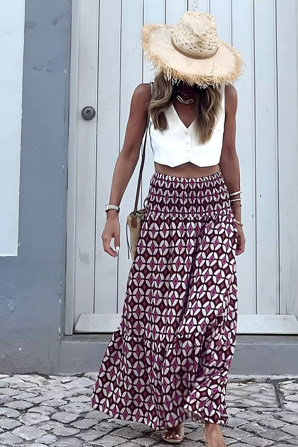 Geometric Print Smocked Waist Maxi Skirt, image 5