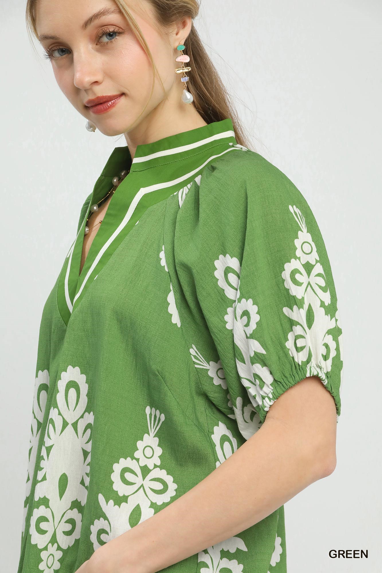 Boho Print Split-Neck Short Sleeve Top, image 5