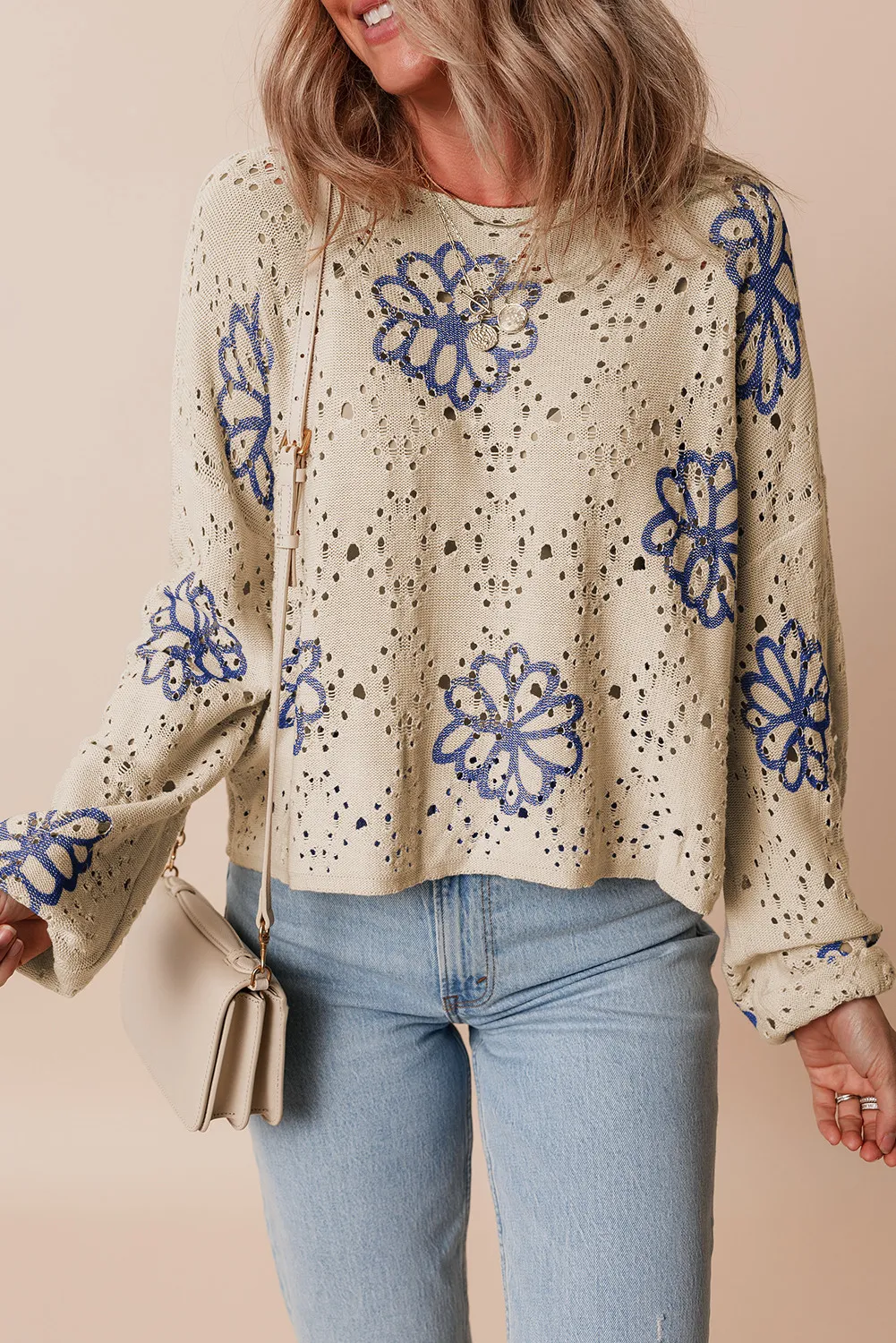 Openwork Round Neck Long Sleeve Knit Top, image 8