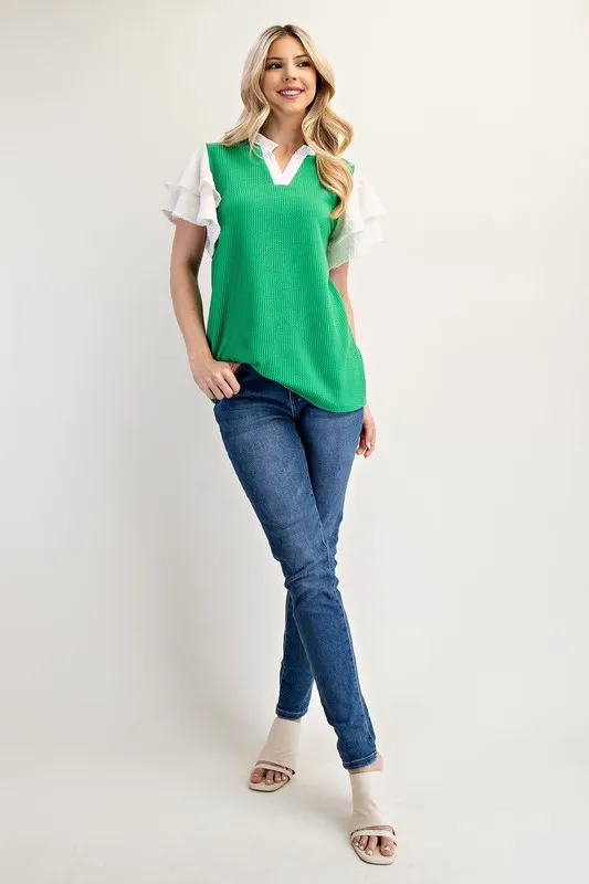 Full Size Solid Color Top with Ruffle Layered Sleeves Plus Size