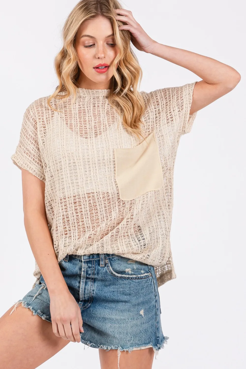 Ces Femme See Through Crochet Mock Neck Cover Up, image 3