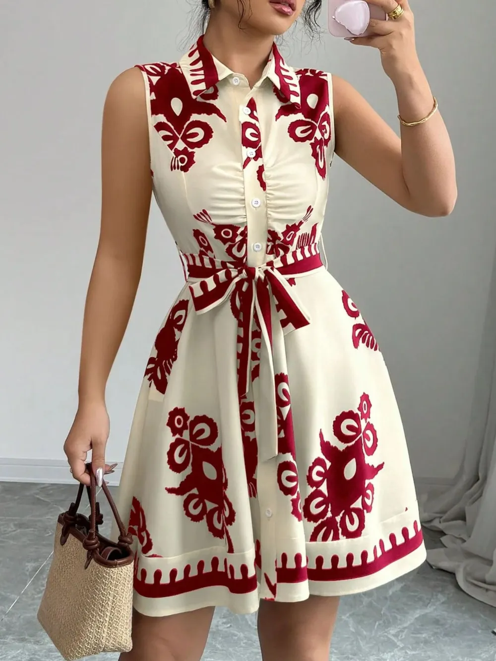 Printed Sleeveless Tie Waist Mini Dress, image 13