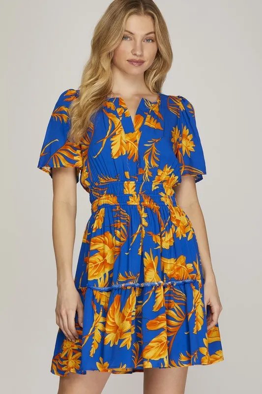 Full Size Printed Notched Short Sleeve Frill Tiered Dress Plus Size