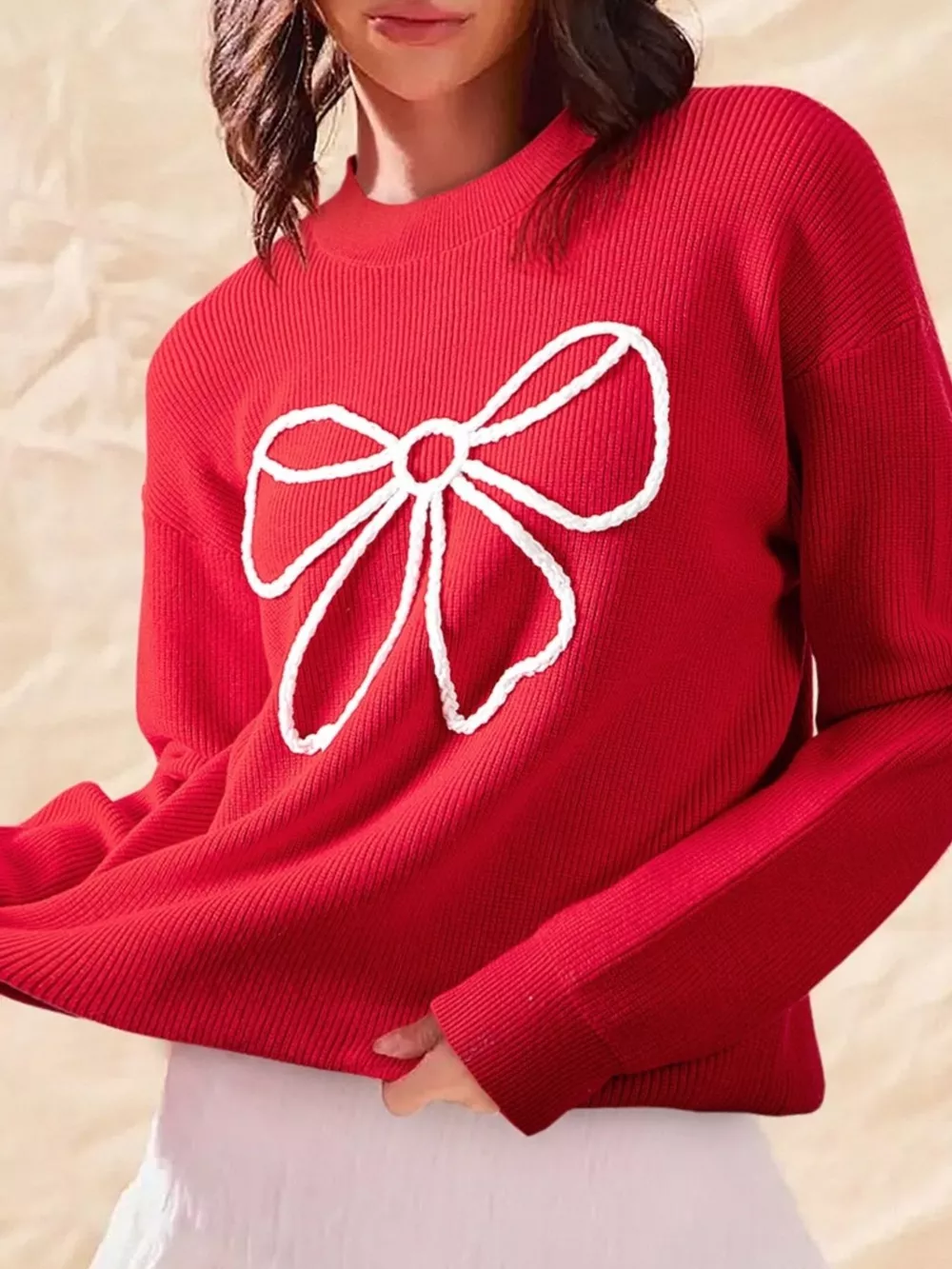 Bow-Embellished Ribbed Sweater, image 3