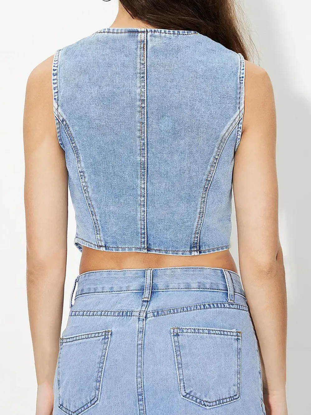 V-Neck Button Up Denim Vest, image 3