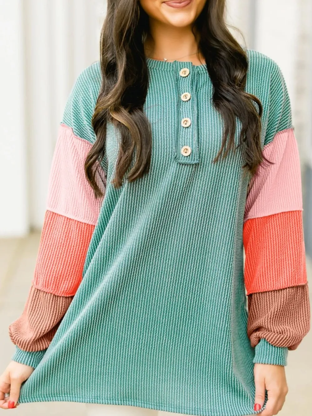 Color Block Ribbed Knit Henley Sweatshirt, image 2