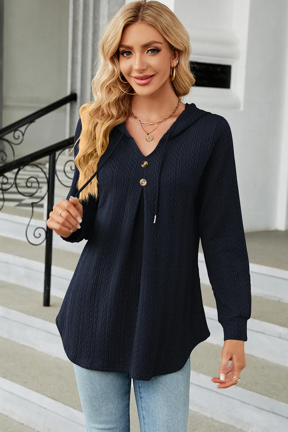 Decorative Button Drawstring Long Sleeve Hoodie, image 5