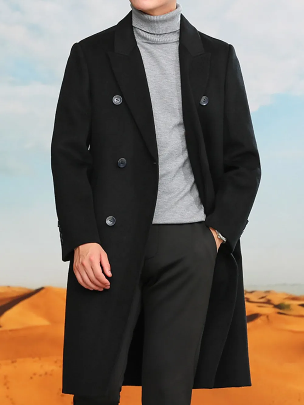 Men's Plus Size Double-Breasted Longline Coat, image 2