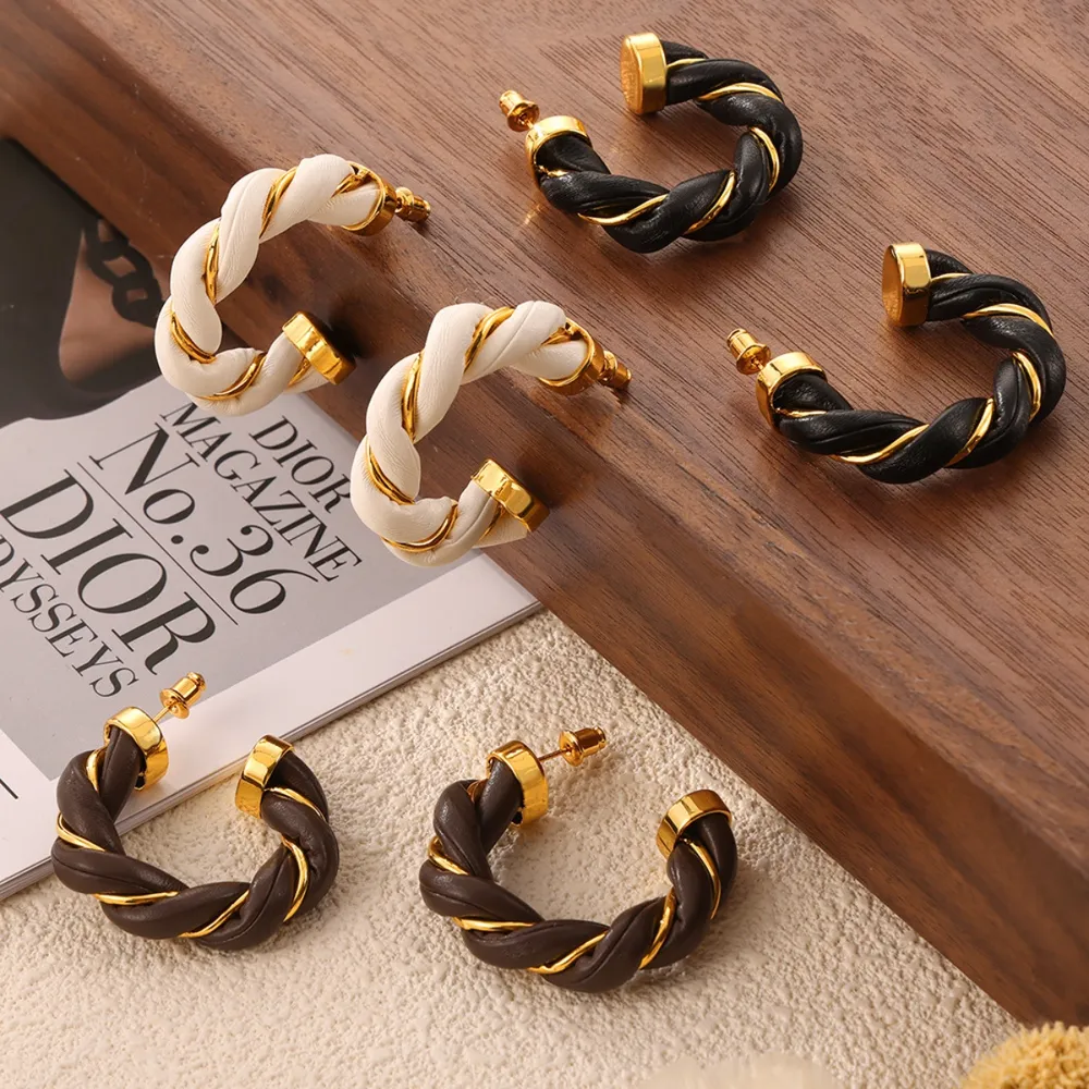Twisted Leather Rope C-Hoop Earrings, image 2