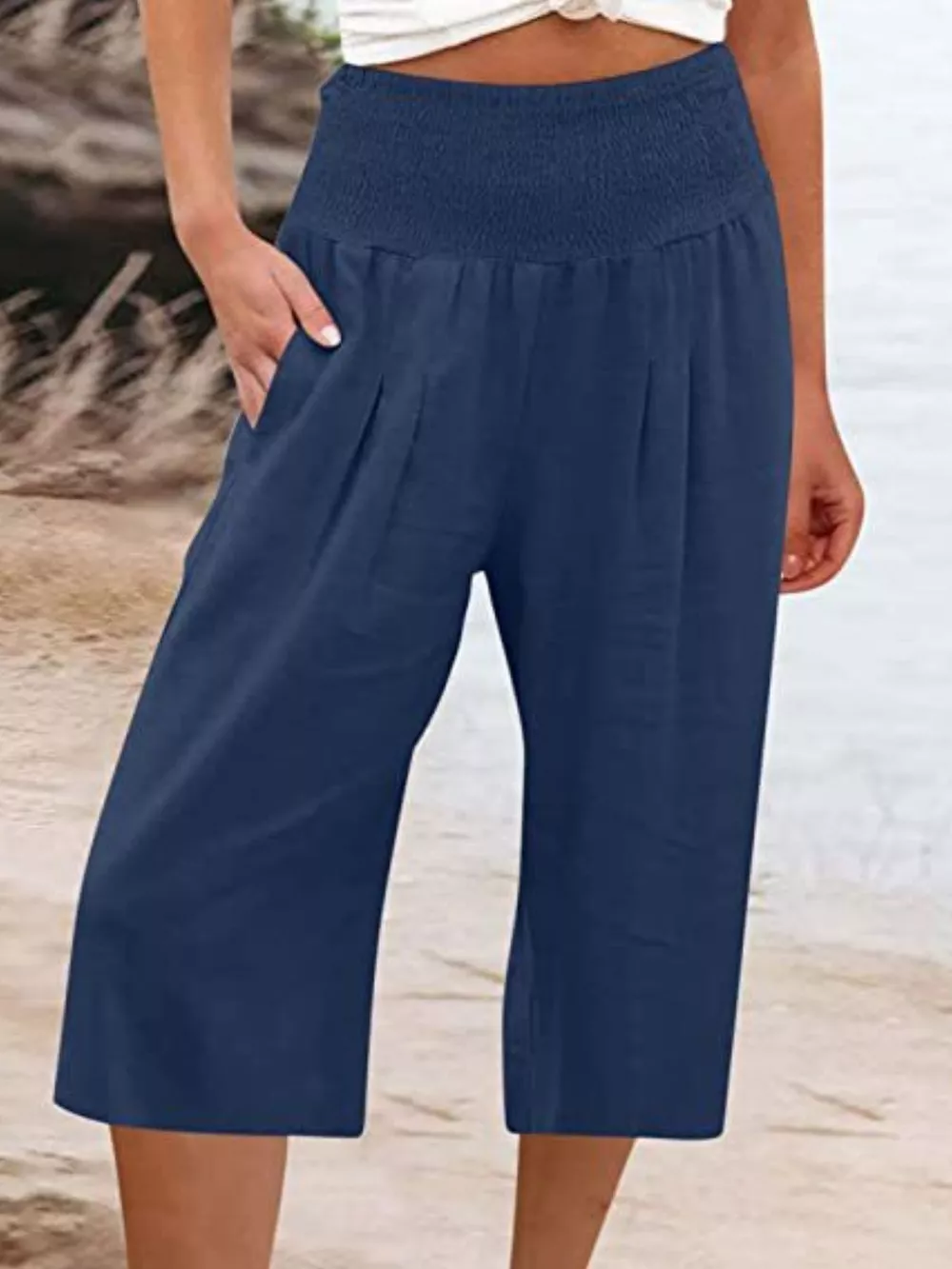 Smocked Wide-Leg Capri Pants, image 11
