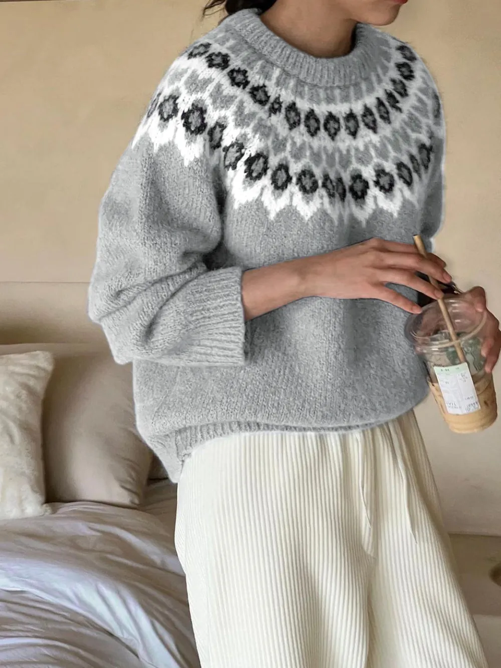 Nordic Fair Isle Pattern Round Neck Sweater