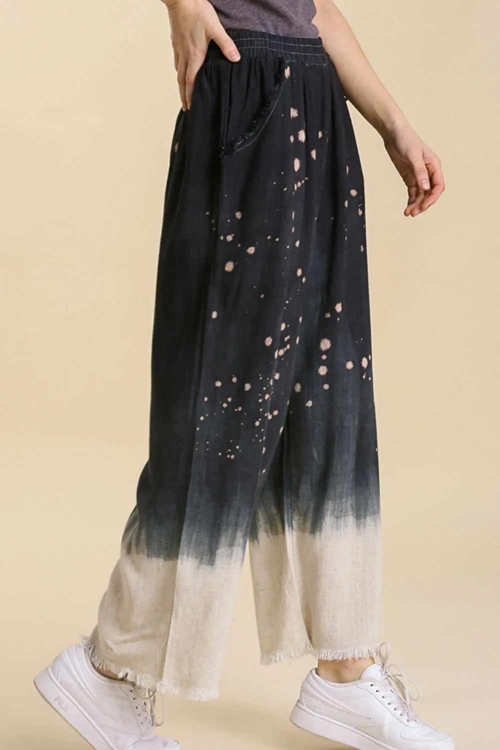 Full Size Raw Hem Linen Blend Bleach Dip Dye Wide Leg Pants Plus Size, image 2