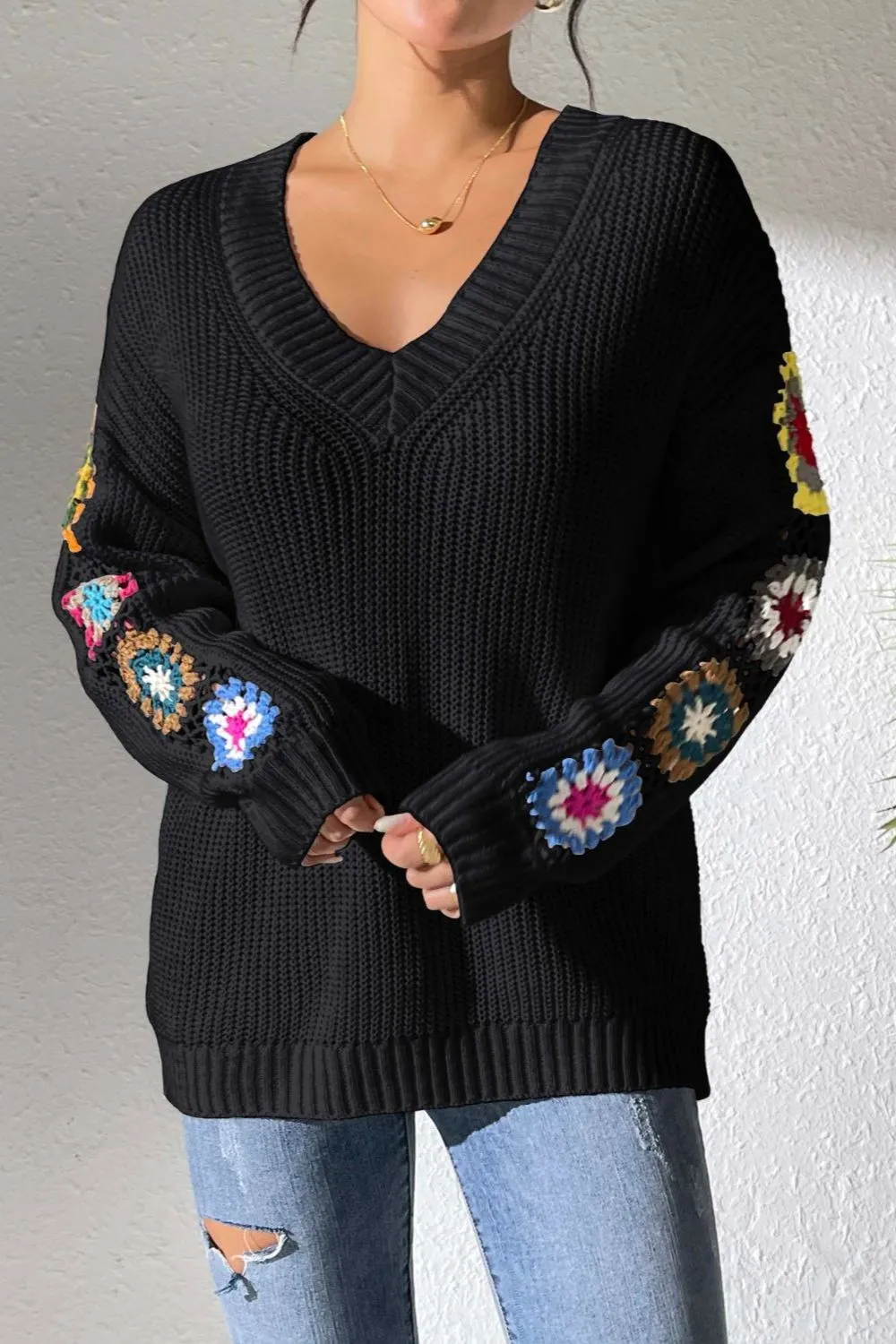 Crochet Flower V-Neck Sweater, image 11