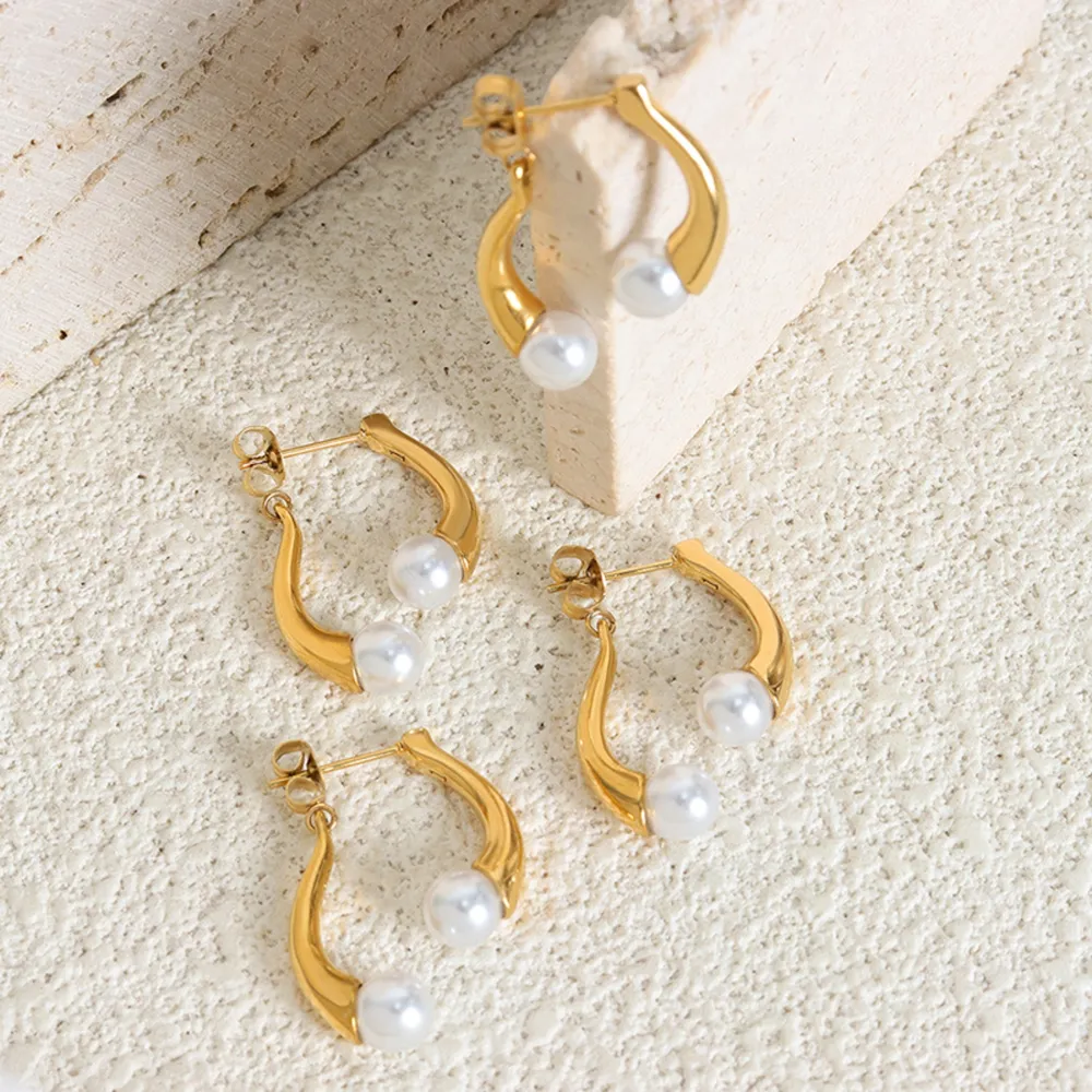 Synthetic Pearl Asymmetrical Titanium Steel Earrings, image 6