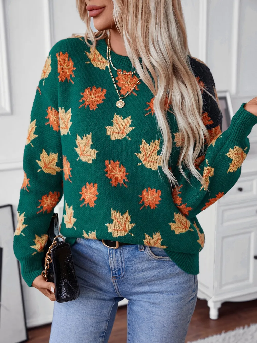Maple Leaf Round Neck Long Sleeve Sweater, image 8