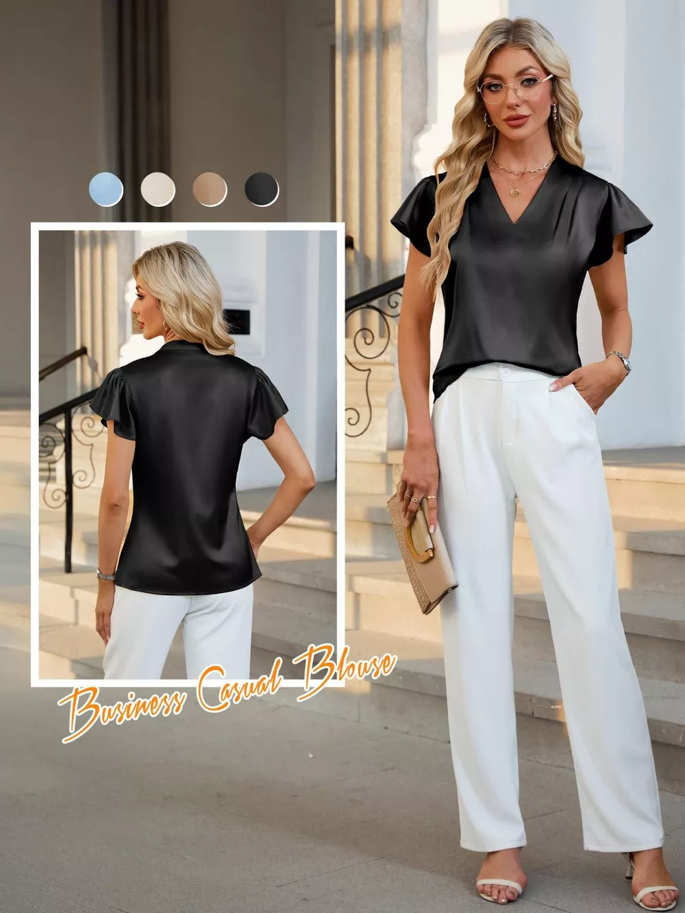 Satin V-Neck Flutter Sleeve Blouse, image 9