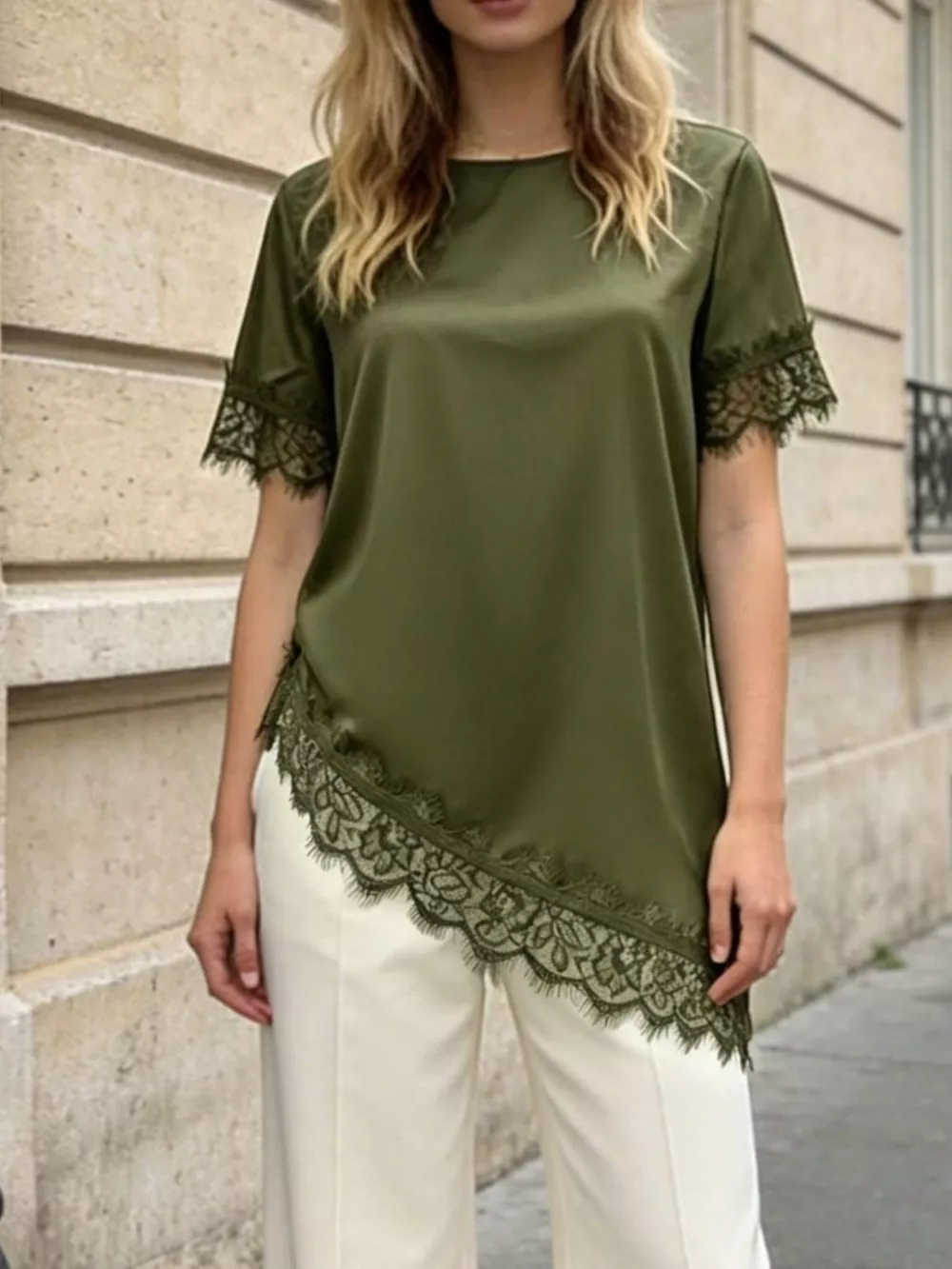 Lace Trim Short Sleeve Satin Top, image 2