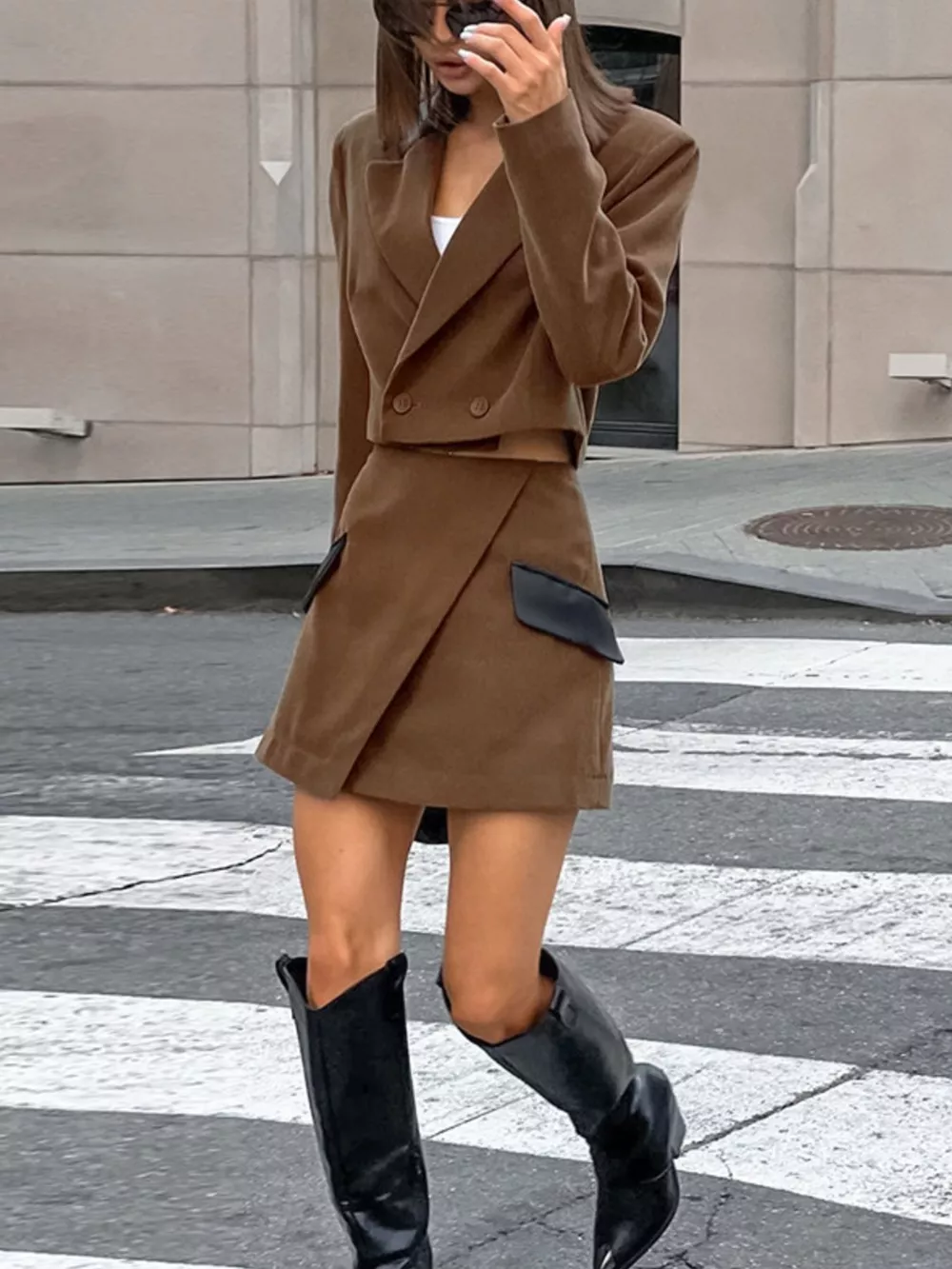 Double-Breasted Blazer & Asymmetrical Skirt Set, image 9