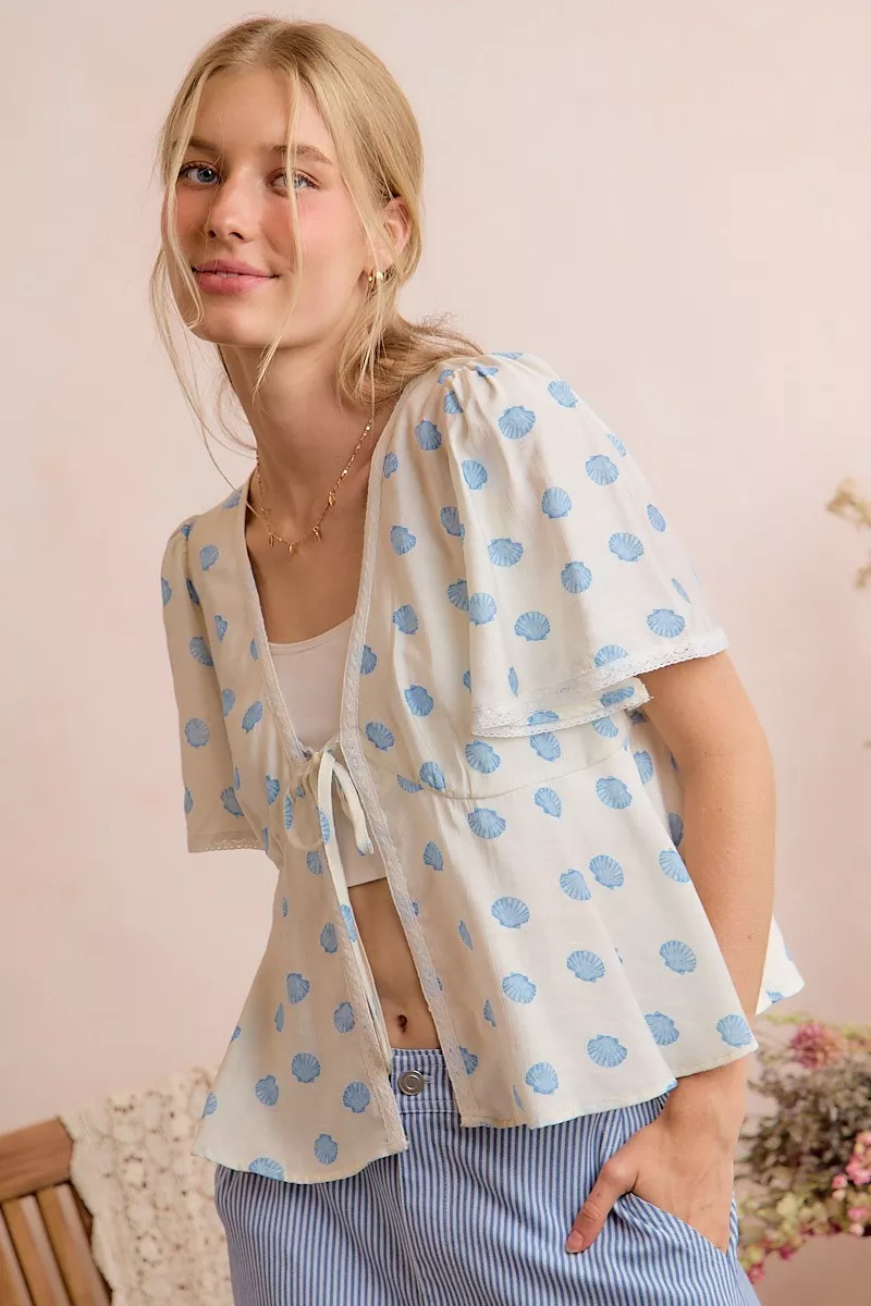 Shell Print Tie Front Flutter Sleeves Blouse Top, image 10
