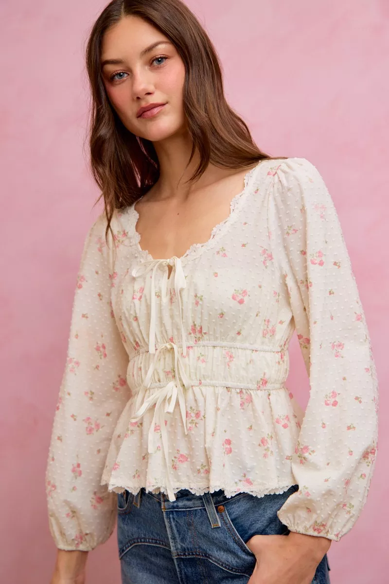 Floral Clip Dot Lace Trim Ruched Bodice Blouse, image 19