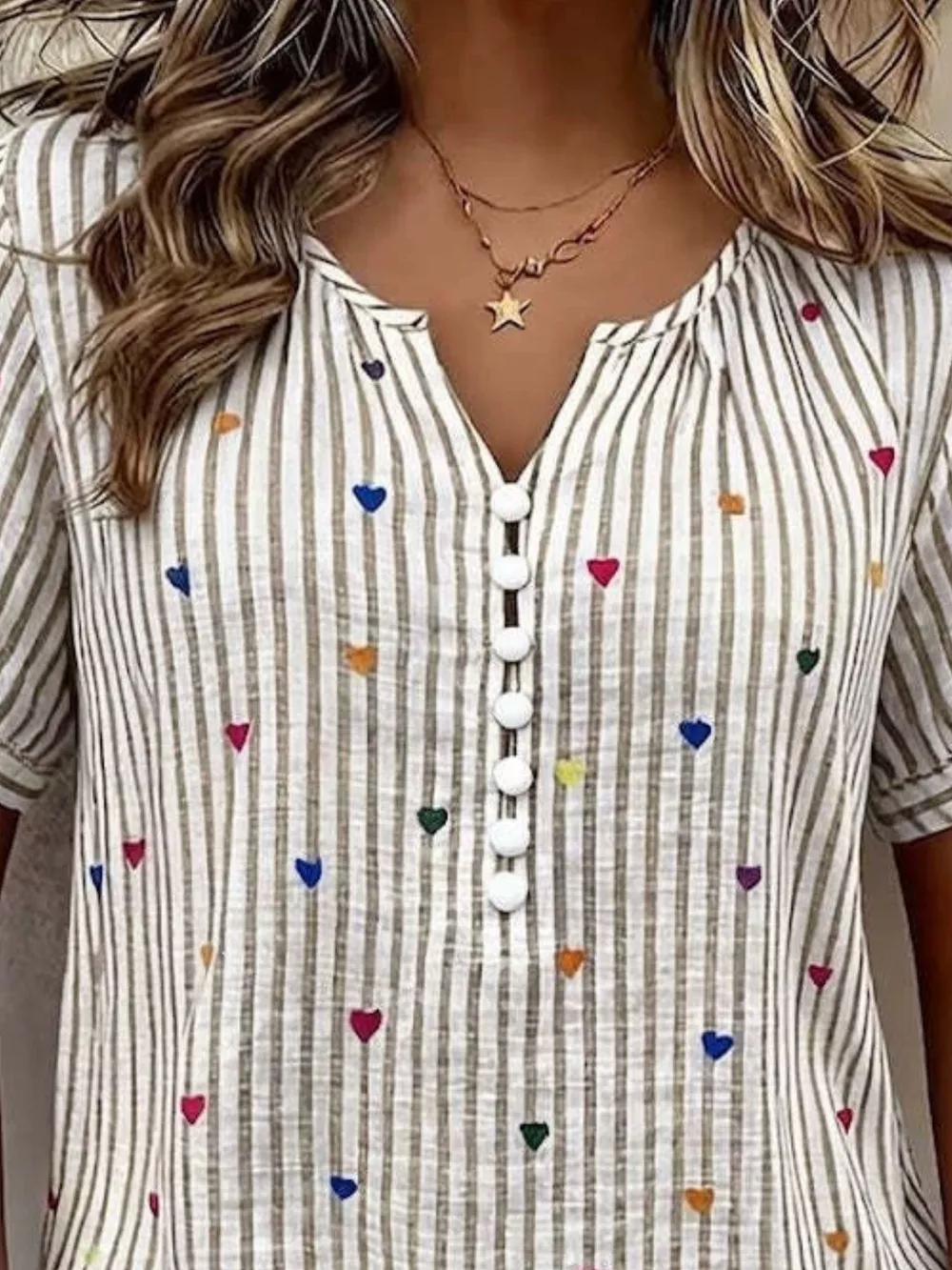 Full Size Heart Striped Short Sleeve Blouse Plus Size, image 2