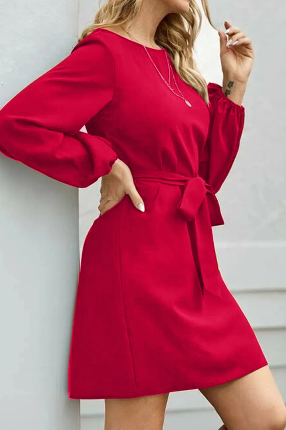 Tied Boat Neck Balloon Sleeve Mini Dress, image 8