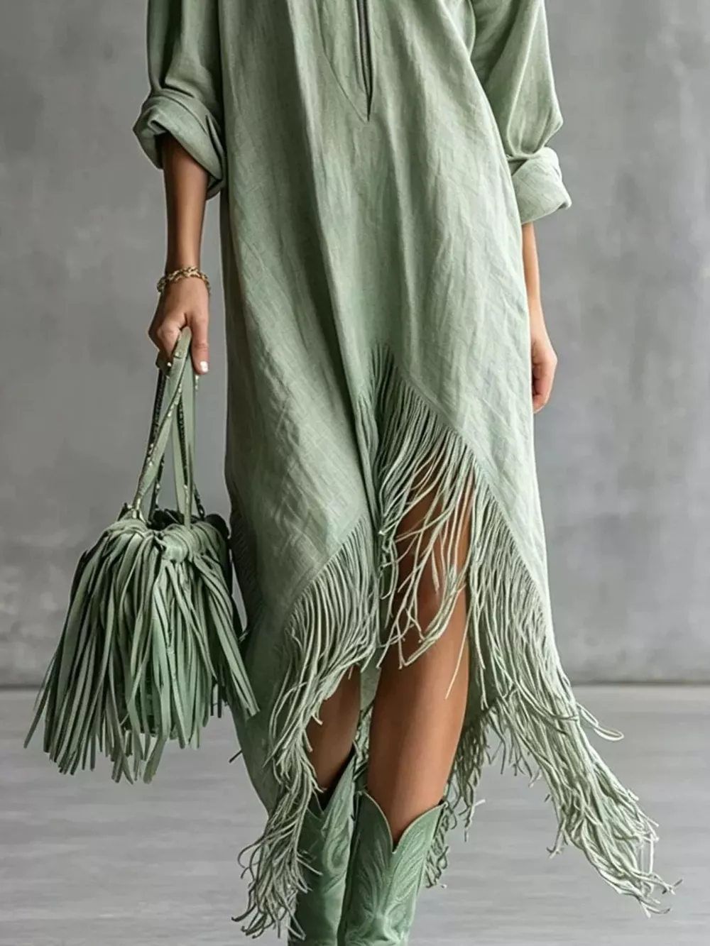 Fringe Hem Zip-Up Shirt Dress, image 4