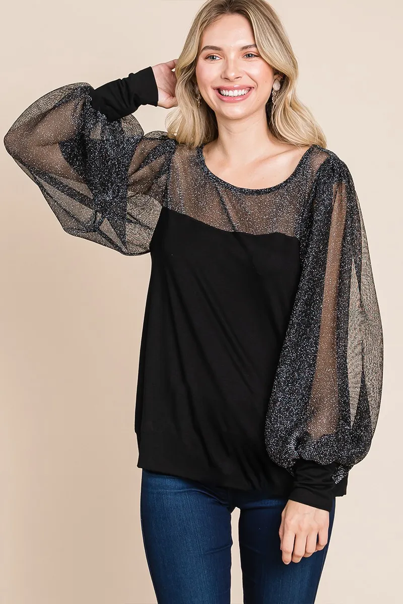 Full Size Metallic Mesh Lantern Sleeve Blouse, image 6