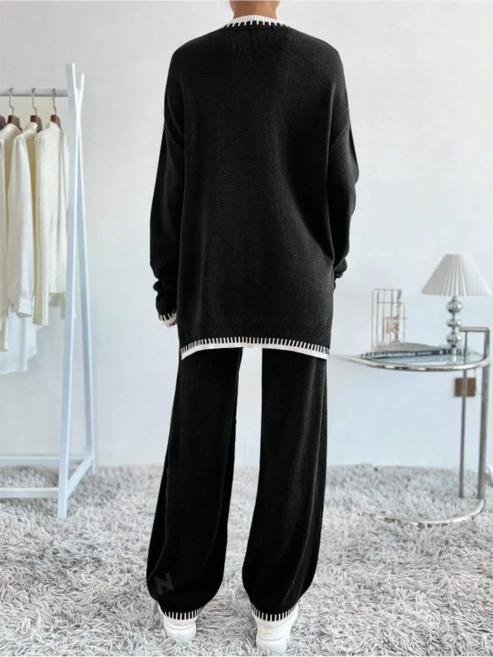 Side Slit Contrast Trim Round Neck Top and Pants Sweater Set, image 2