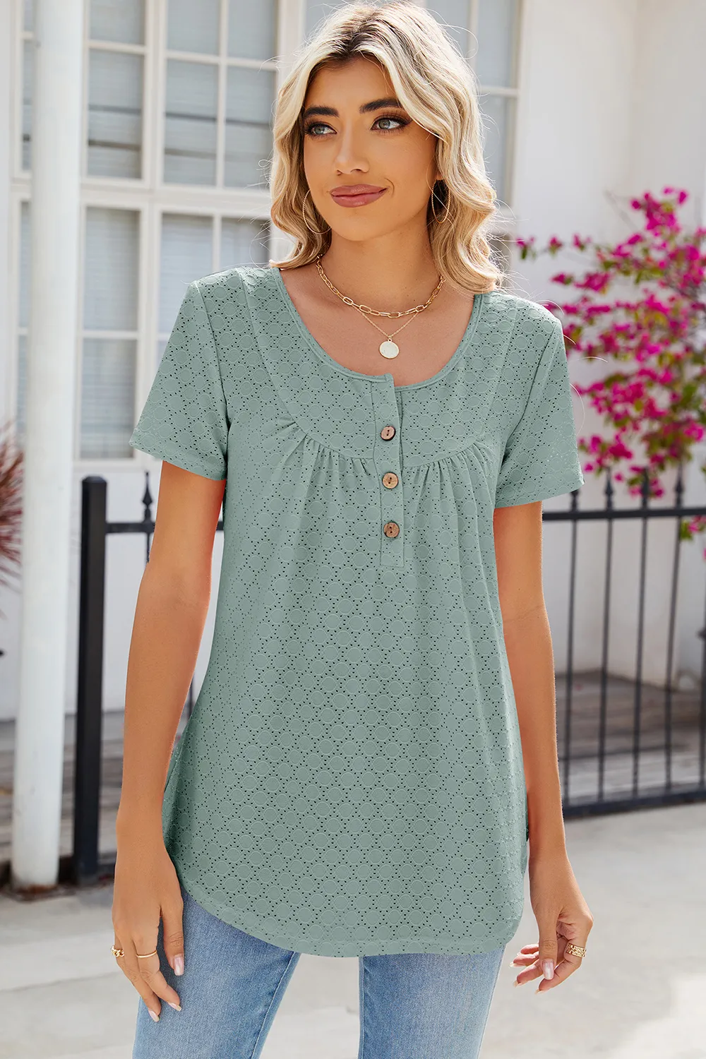 Eyelet Quarter Button Short Sleeve T-Shirt, image 25