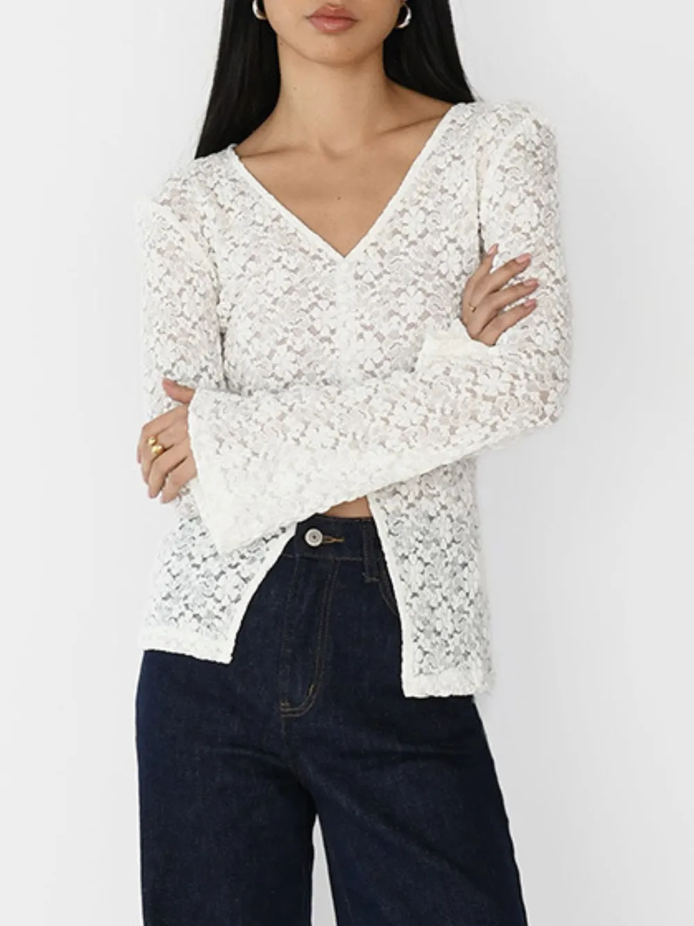 Lace V-Neck Flare Sleeve T-Shirt, image 6