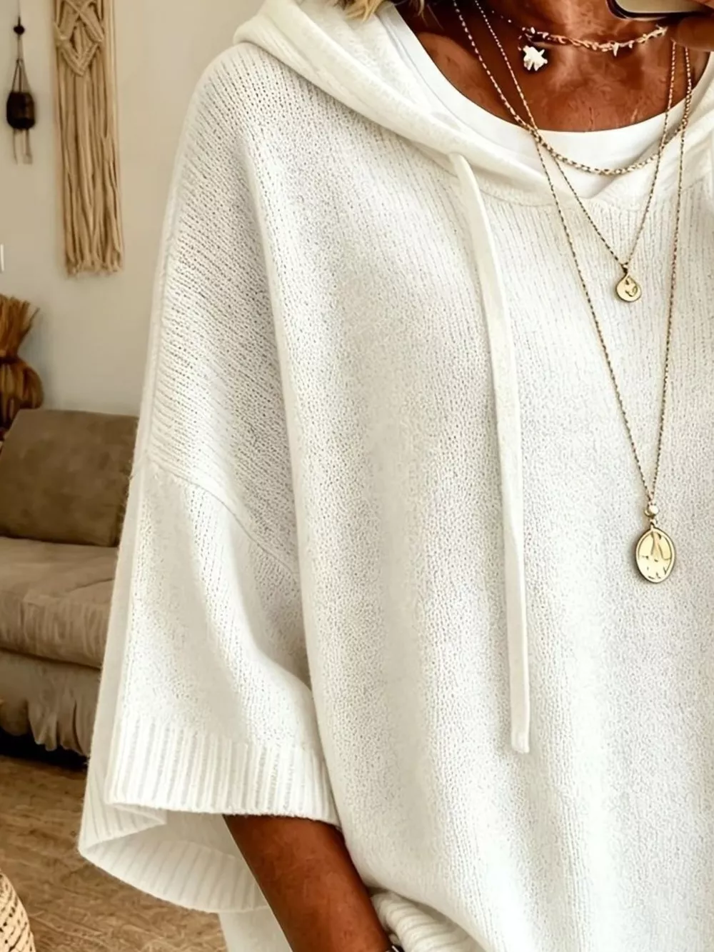 Casual Loose Fit Hooded Knit Sweater with Ribbed Hem, image 4