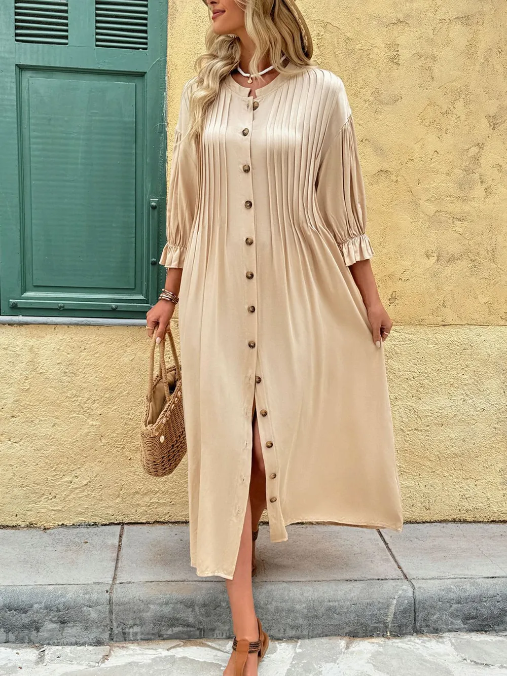 Button Front Flounce Sleeve Dress, image 6