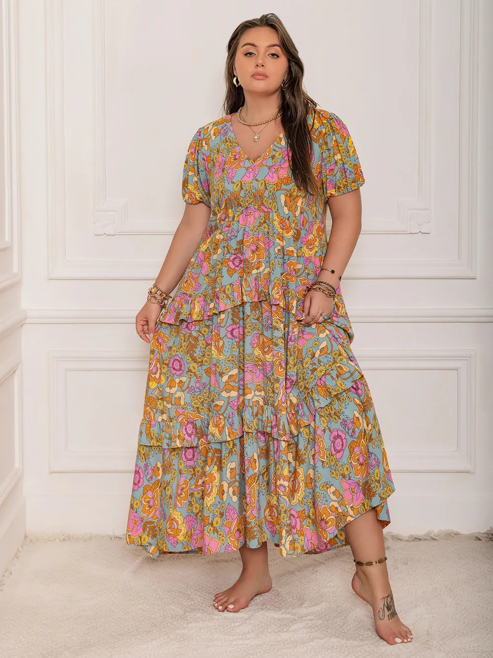 Plus Size Printed V-Neck Short Sleeve Maxi Dress, image 7