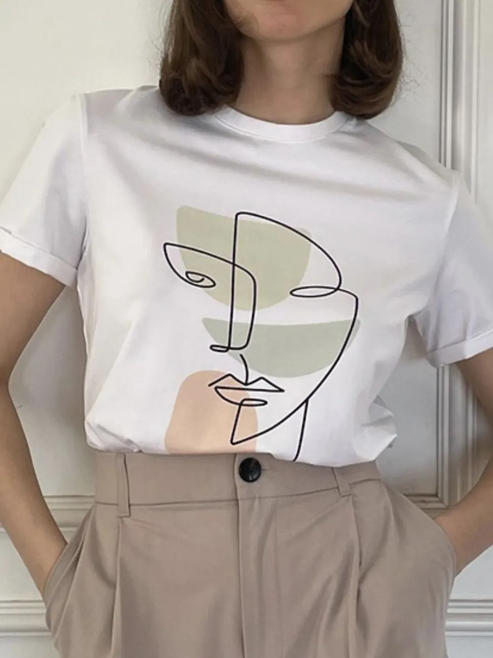 Abstract Face Graphic Casual Round Neck T-Shirt, image 8