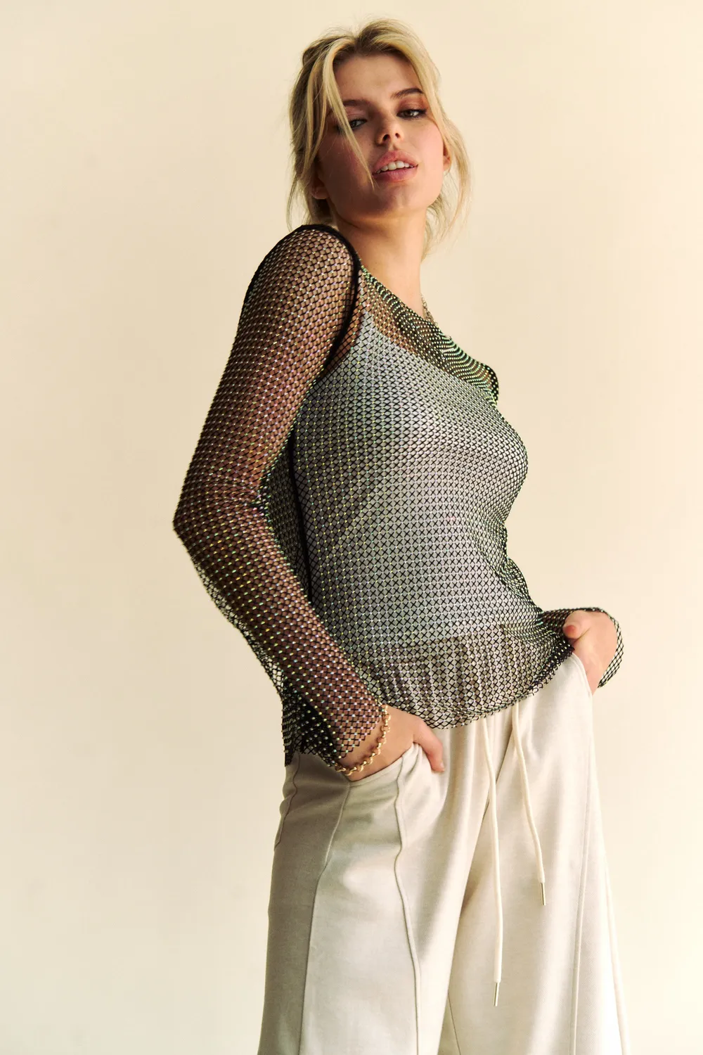 Sparkling Rhinestone Sheer Mesh Round Neck Top, image 4