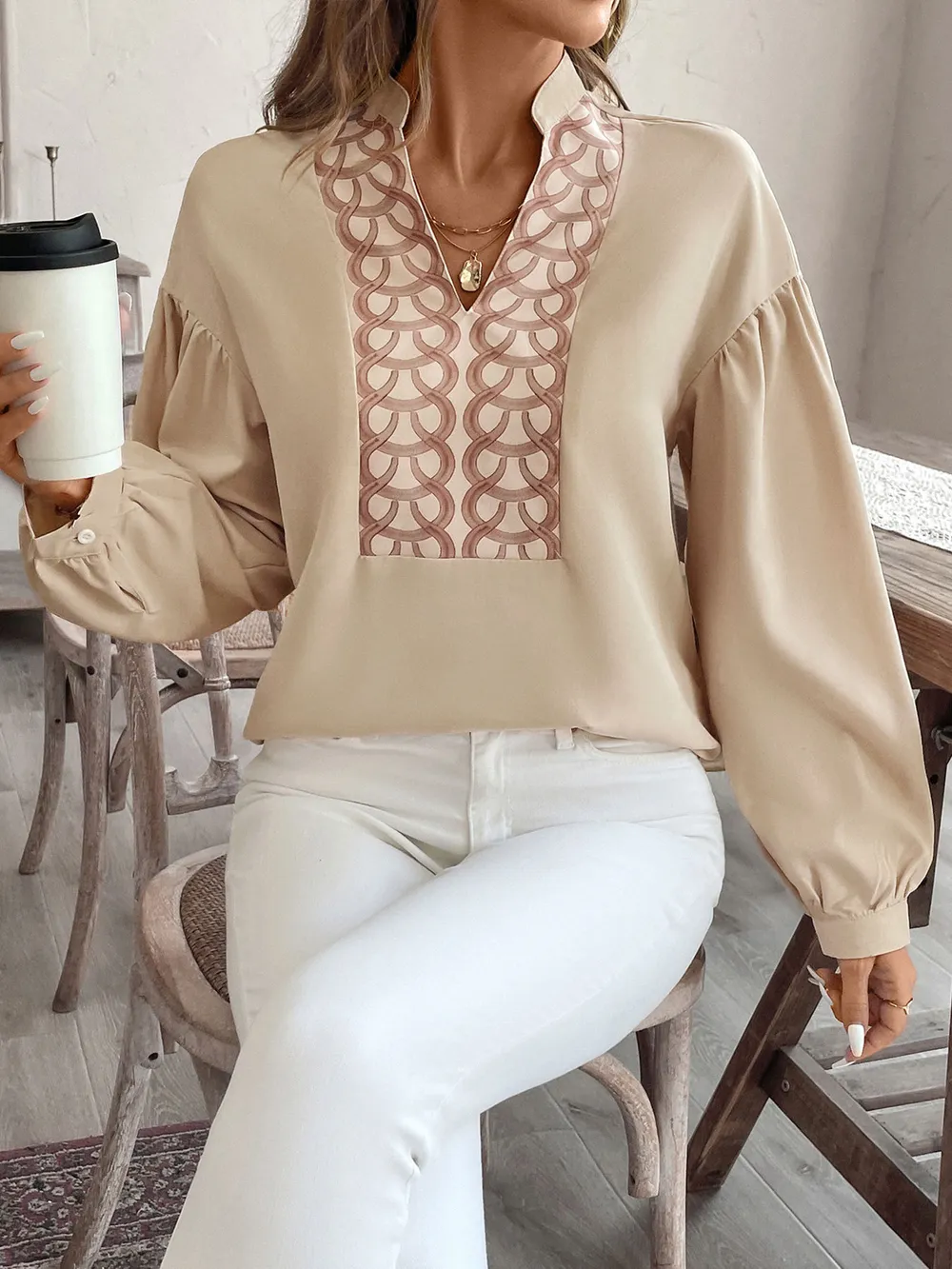 Printed Notched Long Sleeve Blouse, image 5