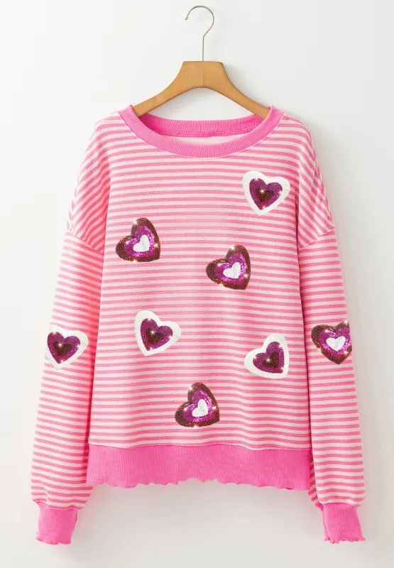 Valentine’s Day Sequin Heart Striped Round Neck Long Sleeve Sweatshirt, image 5
