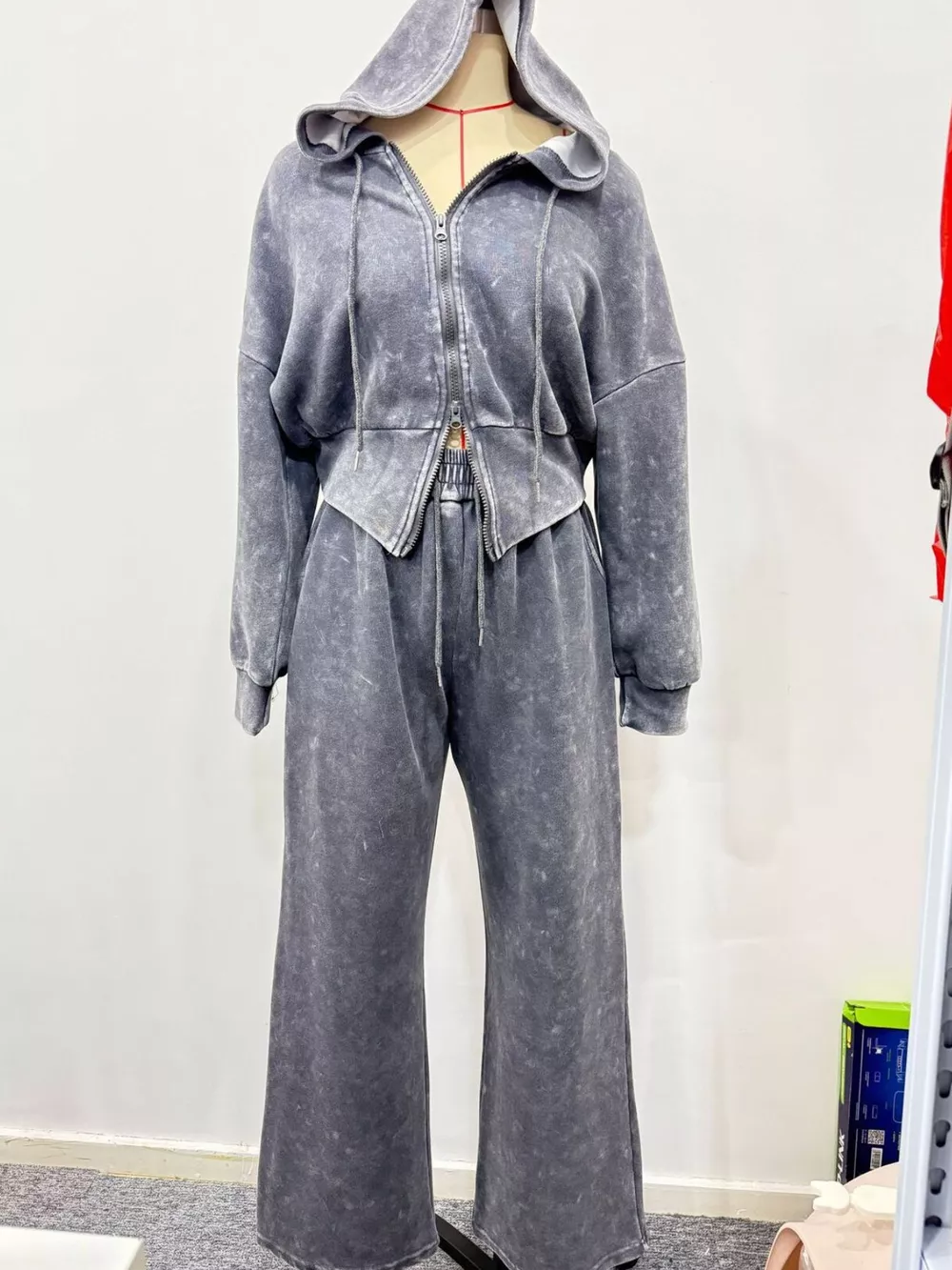 Acid Wash Zip-Up Hoodie and Wide-Leg Sweatpants Set