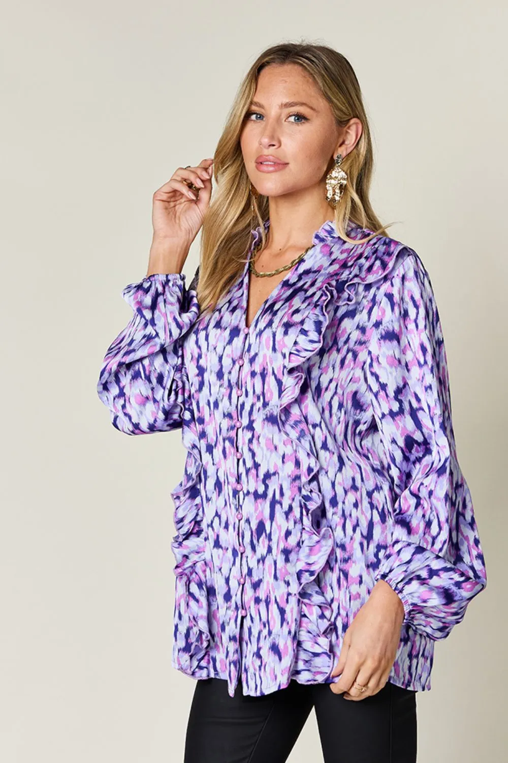 Full Size Printed Ruffle Trim Balloon Sleeve Shirt, image 18