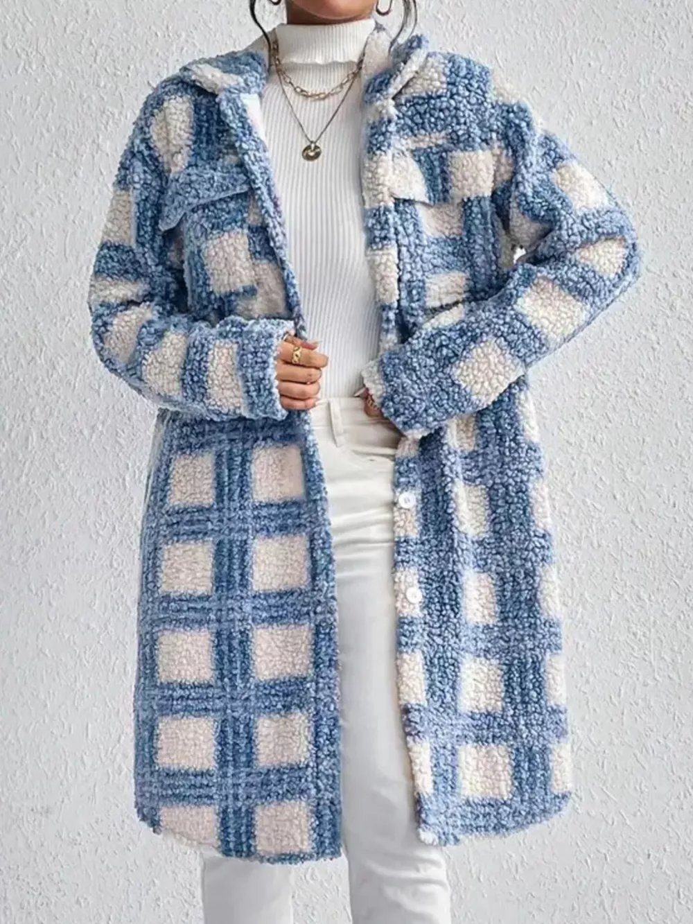 Plaid Button Up Long Sleeve Fleece Coat, image 6