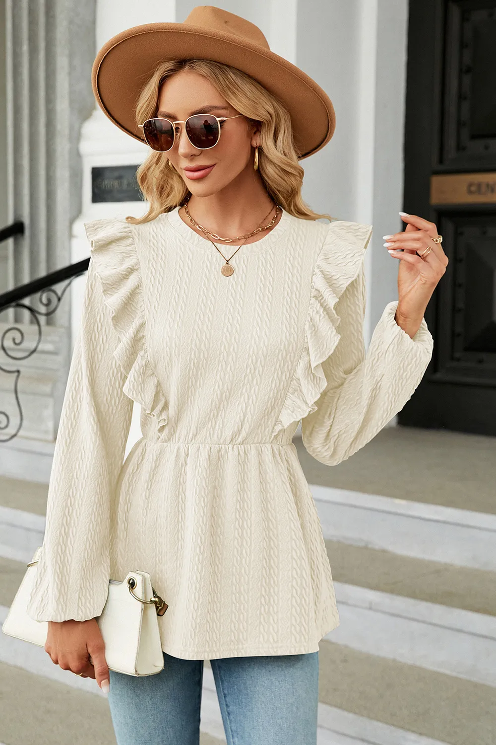 Ruffled Round Neck Balloon Sleeve Blouse, image 20