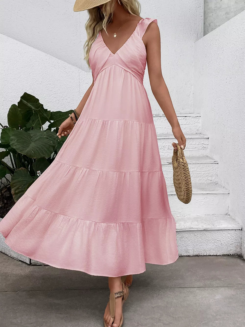V-Neck Tiered Dress with Flutter Sleeves, image 11
