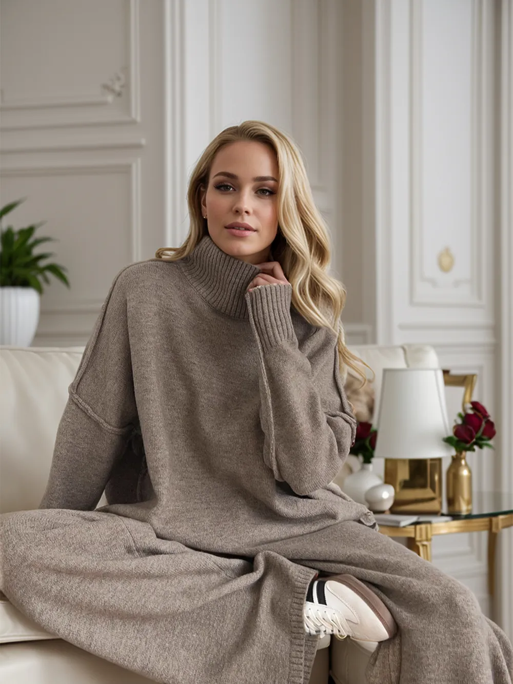 Slit Turtleneck Long Sleeve Top and Pants Sweater Set, image 3