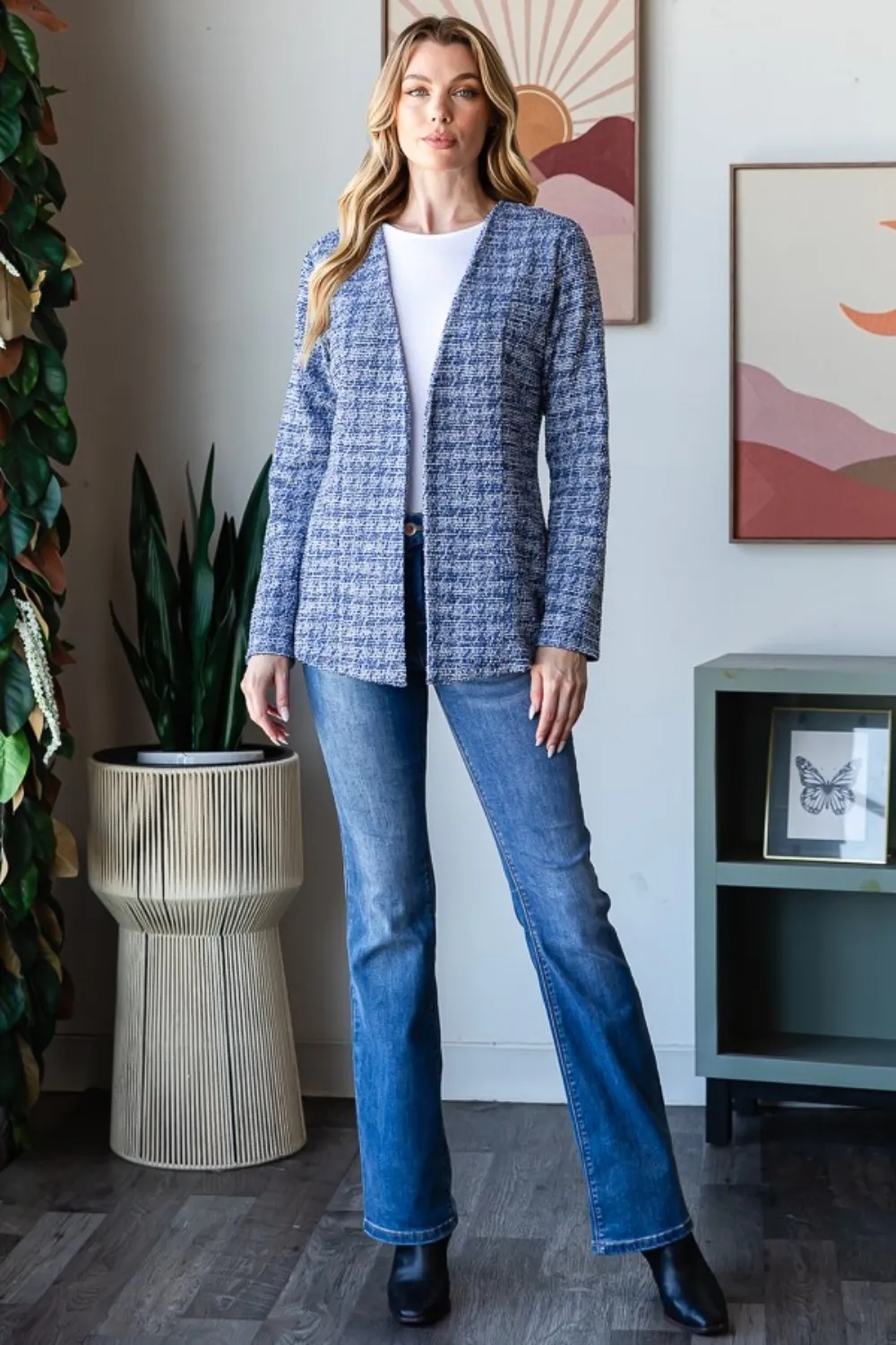 Full Size Houndstooth Tweed Open Front Blazer, image 5