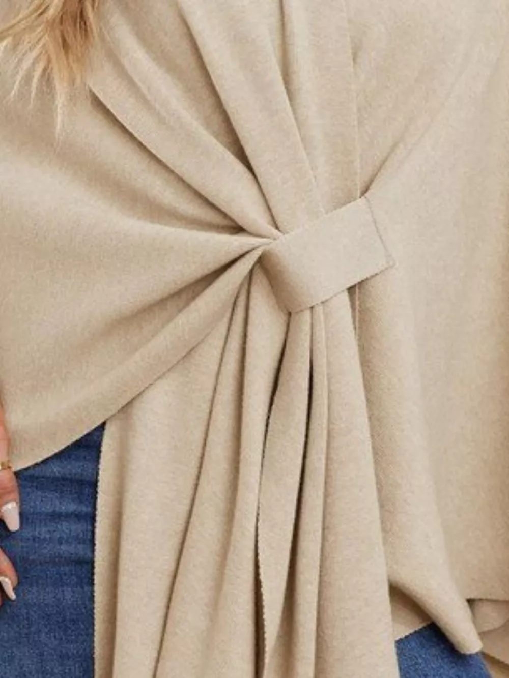Solid Color Tie-Front Knit Cape Top, image 9