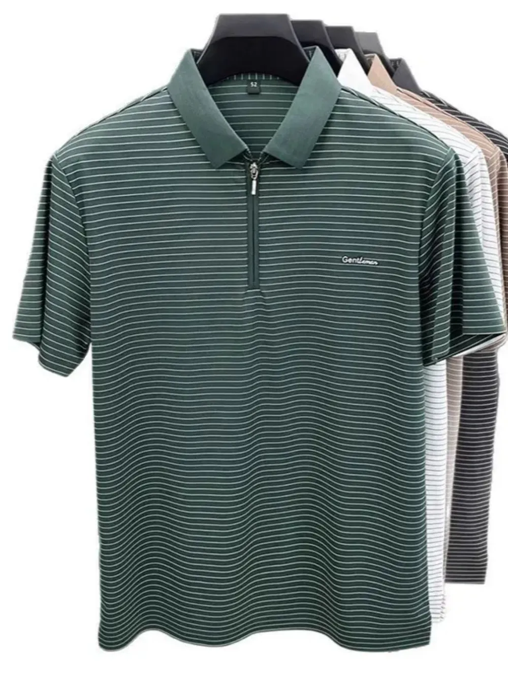 Men's Plus Size Quarter Zip Short Sleeve Striped Polo, image 2