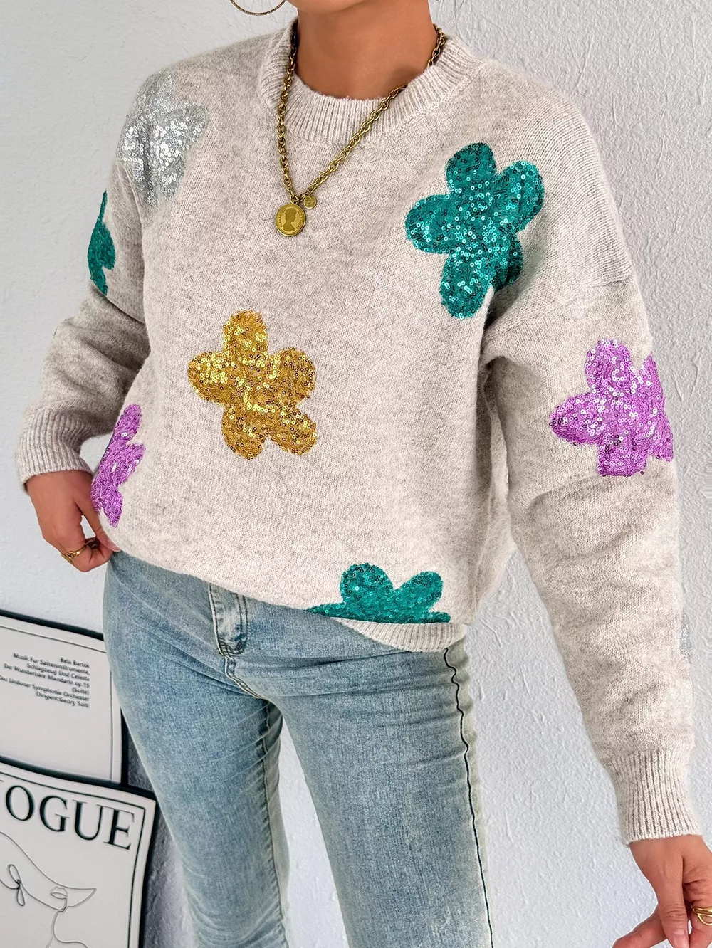 Sequined Floral Round Neck Sweater, image 4